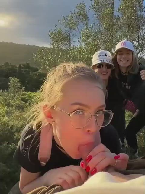 beautiful blowjob deepthroat glasses outdoor pov public clip
