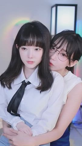 asian cute glasses korean lesbian model smelling clip