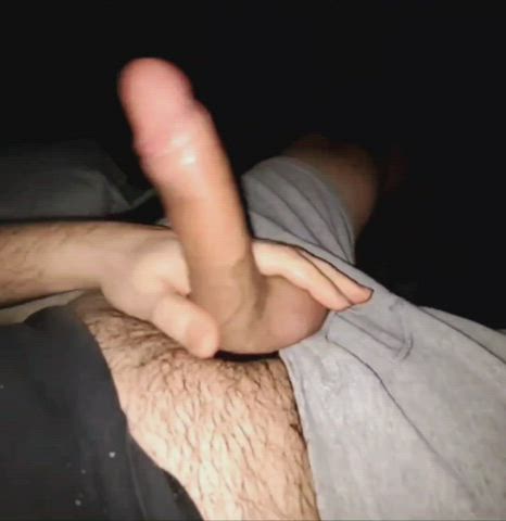 Vocal cumshot, uncut cock with cock ring