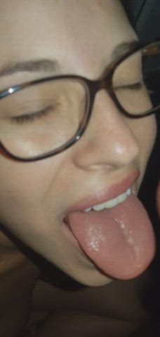 Licking cum from my glasses and swallowing