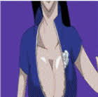 LF Color Source: nico robin, running, 1girl, blue shirt, huge breast, black hair,