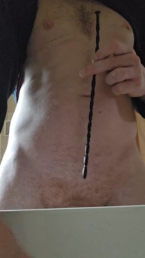 Sounding my cock, pushing a ridged 6mm silicone sound all the way down my cock until