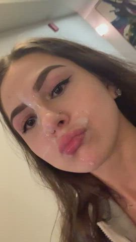 Walking with cum on her face...Huge cum shower for hot girlfriend all over her face