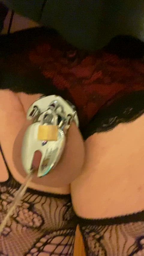 caged chastity femme lingerie pee peeing piss pissing sissy sissy slut clip