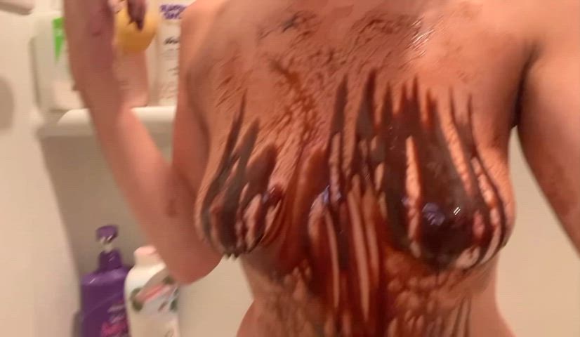 chocolate dessert food fetish licking messy nude saggy tits shower thick wet and