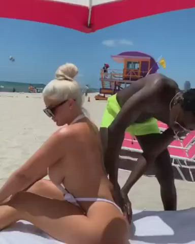 beach bikini blonde interracial massage micro bikini oil oiled stranger clip