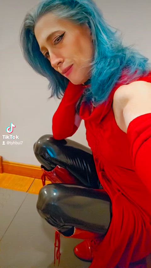 babe boots clothed cute hotwife latex leather leggings non-nude tiktok clip