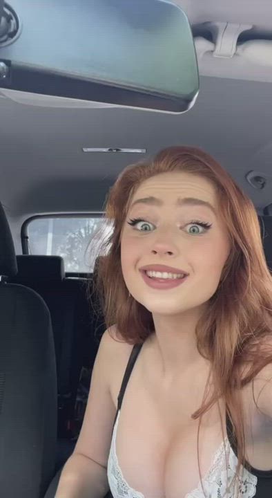 Bouncing Tits Car Redhead clip