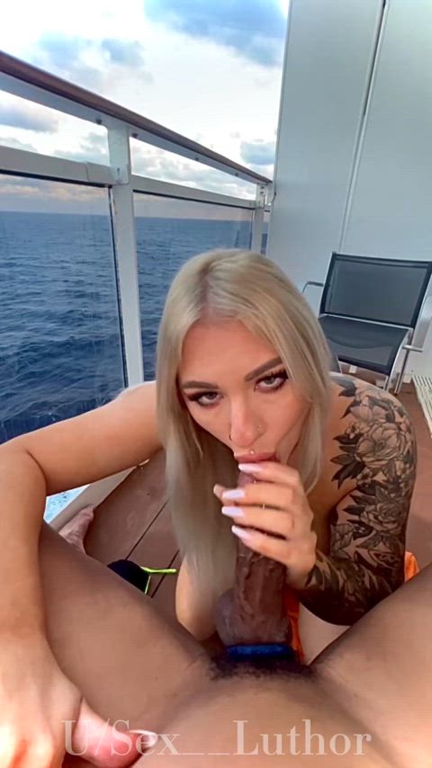 BBC Balcony Big Dick Tatted Blonde Blowjob on a Cruise - public bj