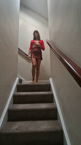 Legs and tits, stairs walk.