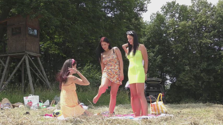 Outdoor twister in the forest in tight dress summer dresses and mini skirts panties