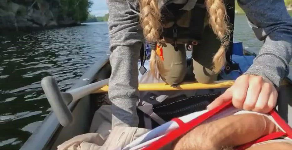 Playing with his huge cock in the lake