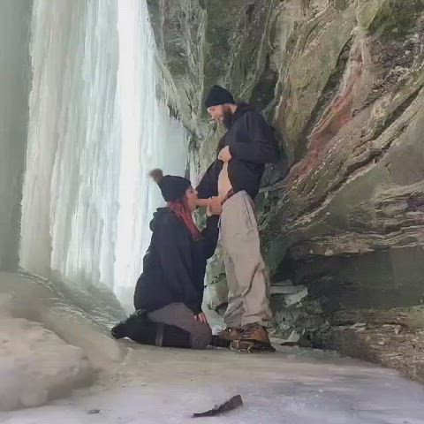 Hid behind a frozen waterfall hoping no one would come before his cum [0:15]