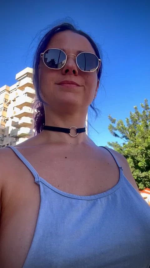 Selfie walk with hard pokies and bouncy tits.