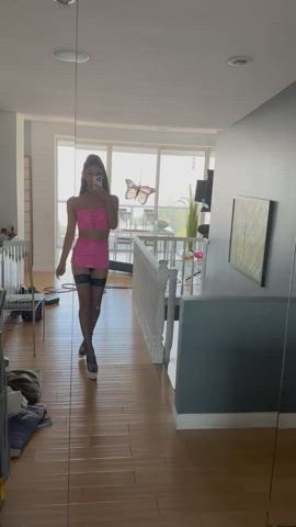clothed high heels latex nylons pink selfie skirt trans zariah aura clip