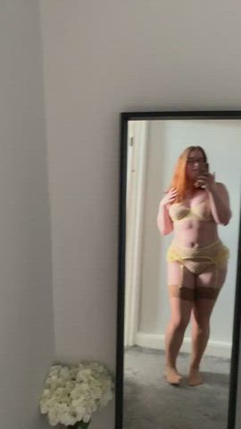 chubby cute innocent lingerie mirror pale redhead stockings underwear clip