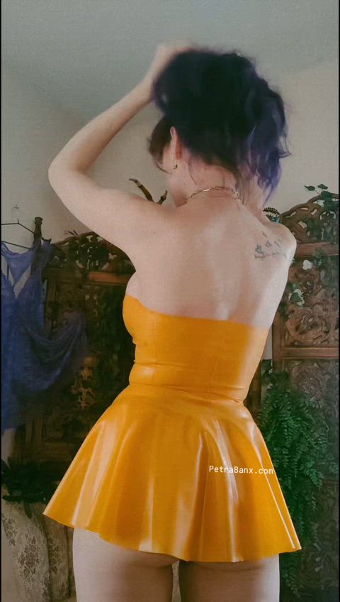 My favorite latex mini dress in translucent amber