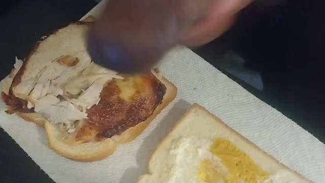 Fat boy eats cum sandwich