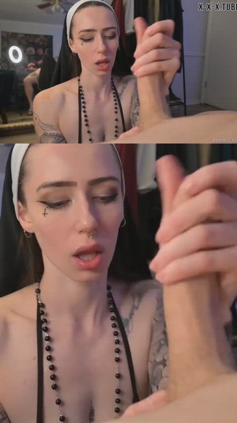 ball worship ballplay balls sucking eye contact goth handjob nun pov clip