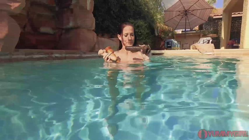 Brunette Dildo MILF Outdoor Pool Sex Toy Solo Sucking clip