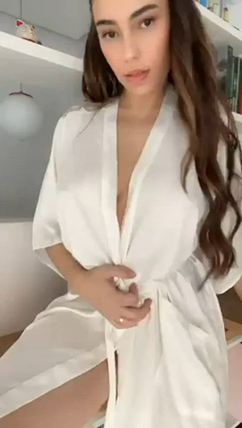 brunette long hair puffy nipples reveal robe clip