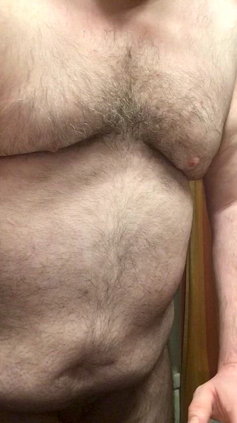 Big guy with a little guy, upward angle off my sink of my cock cumming from some