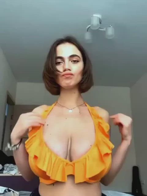 big tits boobs bra brunette chest short hair tits white girl clip