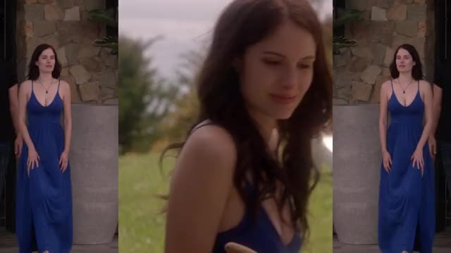 Olivia Applegate - Driven (2018) - cleavage in blue dress, split-screen mini-loop