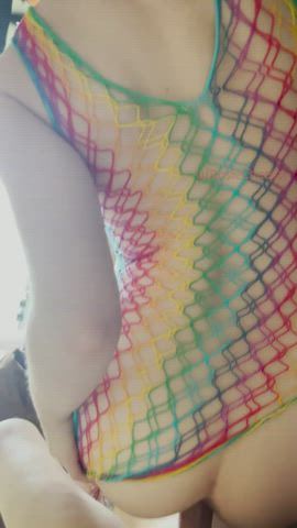 Getting fucked in my 🌈 fishnets😋