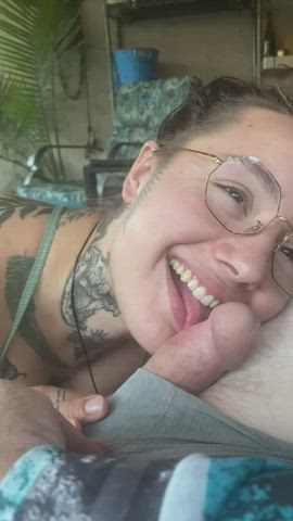 Blowjob Cute Glasses Shorts Tattoo Throat clip