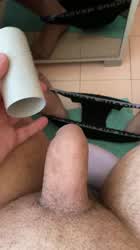 Comparing my semi hard cock to the toilet paper roll?