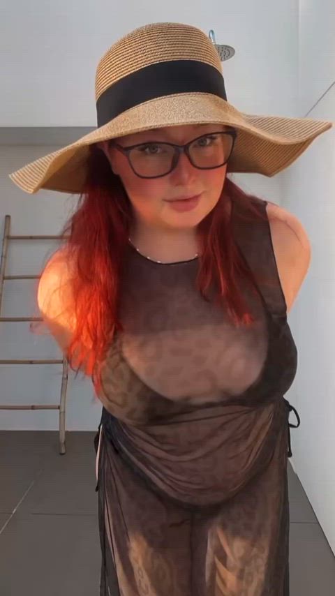 bikini chubby english glasses red hair redhead see through clothing sheer clothes