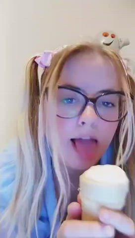 Fat teenager licking ice cream that bought to seduce her dad