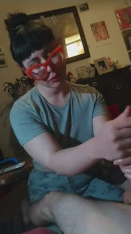 amateur glasses handjob two hands clip