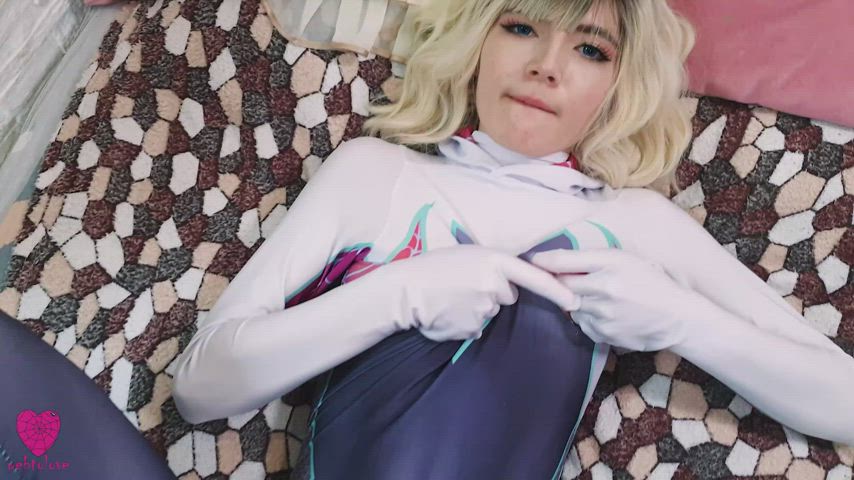 Blonde Bodysuit Cosplay Costume Eye Contact Gwen Natural Tits Small Nipples Small