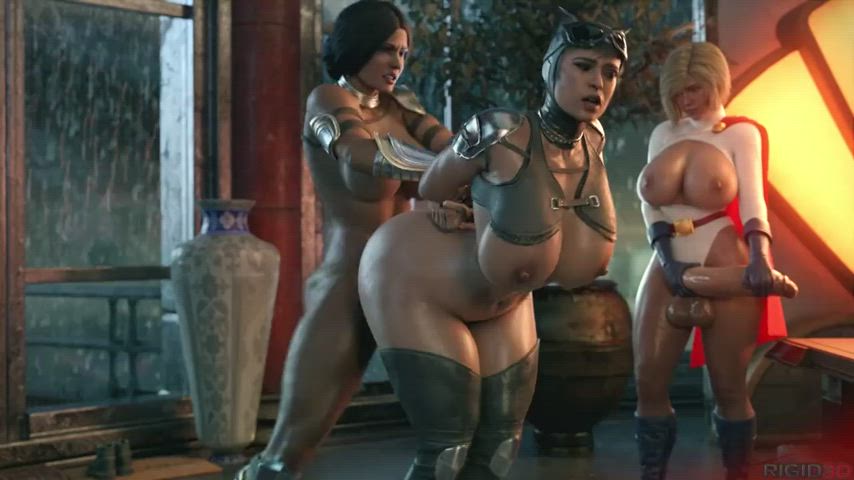 Wonder Woman and Power Girl take turns pounding Catwoman (Rigid3D)
