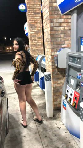Loving the attention flashing at a gas station
