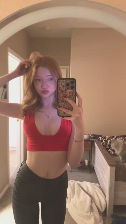 19 years old asmr belly button cleavage leather pale redhead tease tiktok tits clip