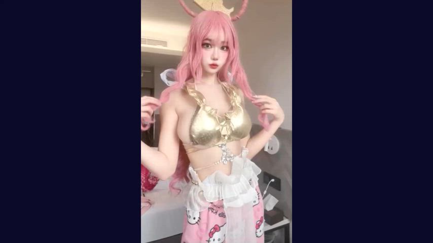 asian cosplay huge tits kitty micro bikini petite sideboob pink hair clip