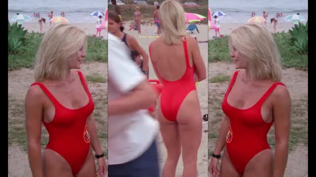Nicole Eggert - Baywatch S4E3 - mini-loop, split-screen, in red swimsuit