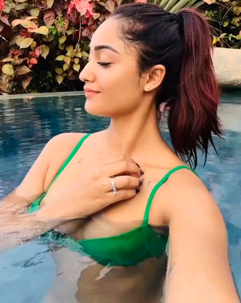 Remove your Hand Gutterthot Tridha and let us see those Natural Tits in Green Bikini.
