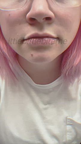 Pink haired pale girl with cum dripping from mouth