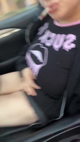 amateur big tits braless car femme horny milf short hair smoking teasing clip