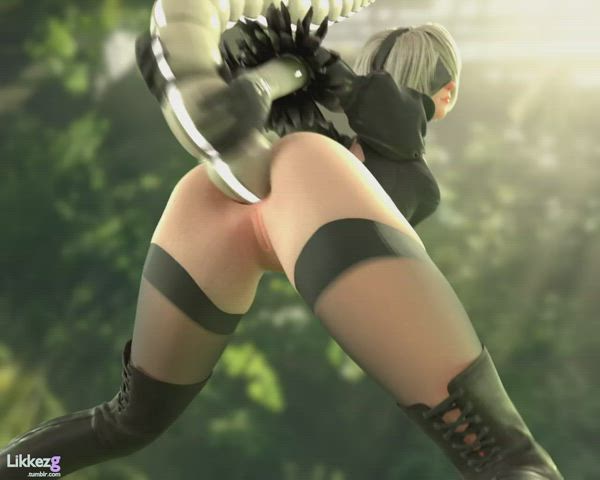 2B taking a ribbed robot tentacle in her ass