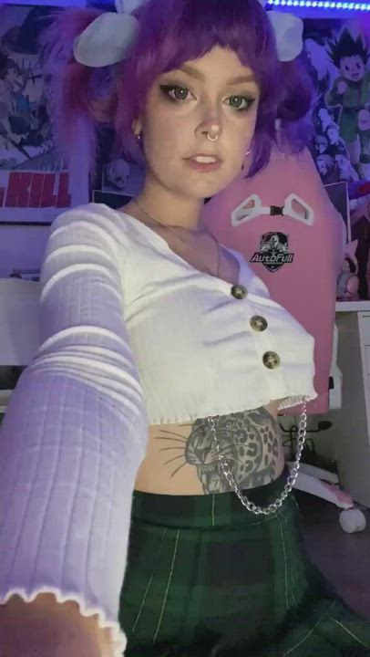 big tits fake tits nipple clamps pierced purple hair schoolgirl tattoo tattooed tits