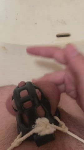 Chastity Cage Cumshot (just by playing with my balls!)