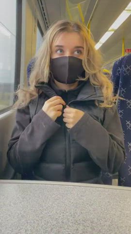 Blonde Blue Eyes Flashing Mask Public clip