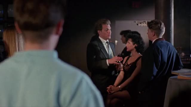 Charlie Spradling - Ski School (1990) - in cleavage-y black dress, getting it spilled