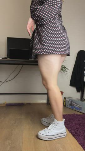 bending over curvy milf pale redhead thick thighs upskirt clip