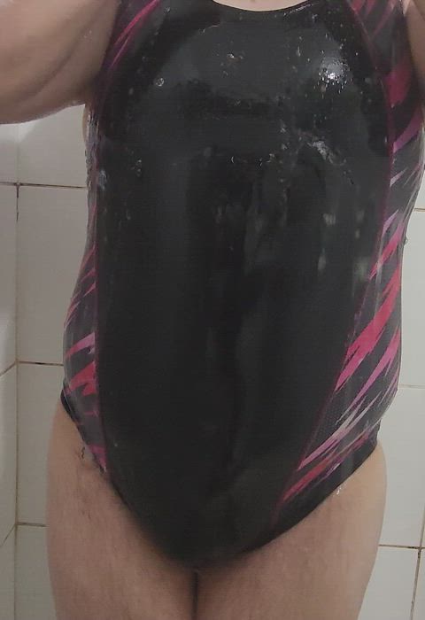 crossdressing curvy femboy shower swimsuit clip
